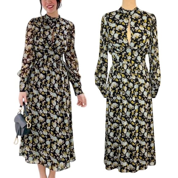 Zara Floral Chiffon Midi Dress Sz.S Keyhole Puff Sleeve Cocktail Career Fairy - Picture 1 of 16